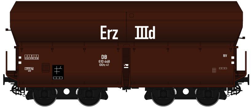 beschriftet mit “Erz IIId”,  Wagenkasten: rotbraun (RAL 8012), Rahmen/Fahrwerk: schwarz (RAL 9005), Epoche IIIb, mittelhohe Bordwände, Drehgestellbauart 973,