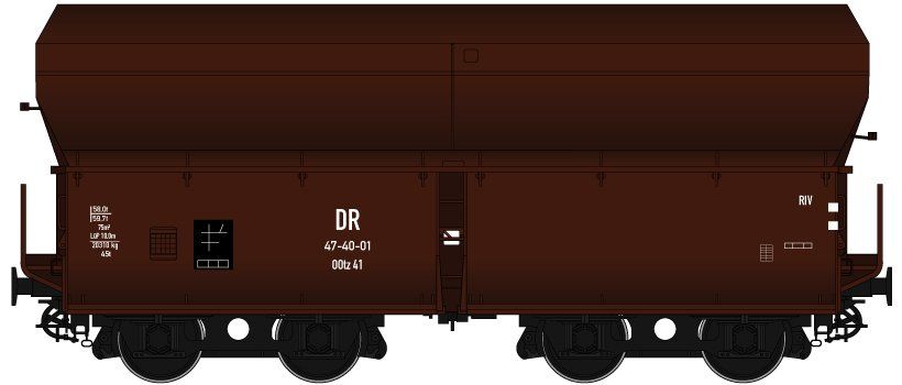 Wagenkasten: rotbraun (RAL 8012), Rahmen/Fahrwerk: schwarz (RAL 9005), Epoche IV, hohe Bordwände, Drehgestellbauart 973