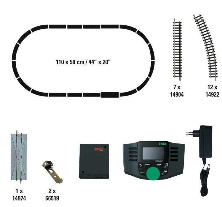 ohne OVP!! Inhalt: Mobile Station II, Schaltnetzteil 30 VA/230, Anschlußbox und Gleisoval ca. 110 x 50 cm: 12 gebogene Gleise 14922, 7 gerade Gleise 14904, 1 Eingleisvorrichtung 14974, 2 Anschlussklemmen.