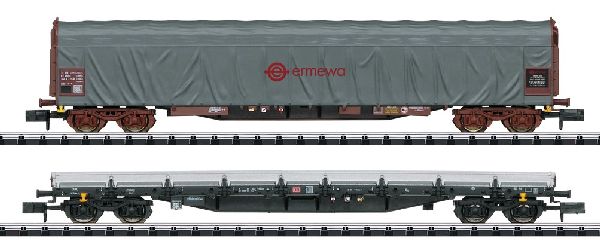 aus Set 11147: ein Flachwagen Bauart Res der DB AG und ein Schiebeplanwagen Bauart Rils der ermewa.