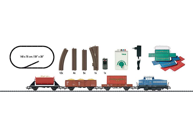 Diesel-Rangierlokomotive der Bauart Henschel DHG 500, Niederbordwagen Kklm 505, Hochbordwagen und ein Kippwagen.  ohne Gleise Ohne Trafo  !!!