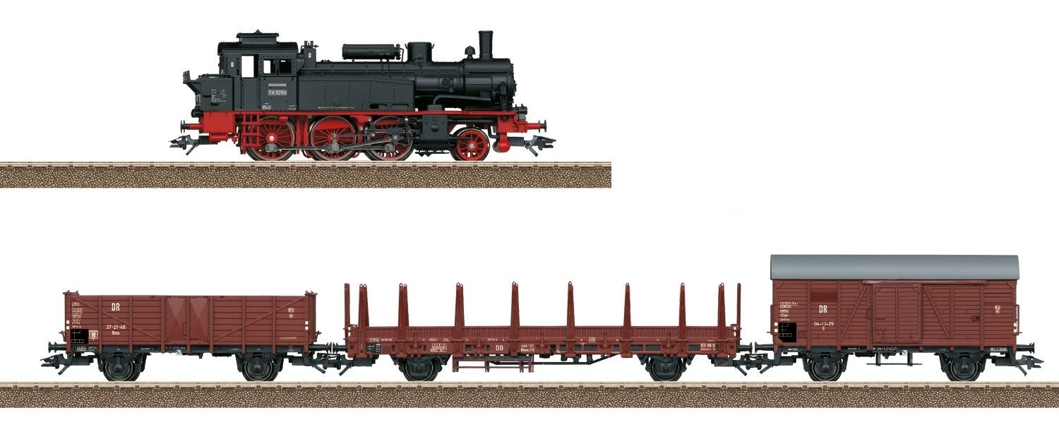 ohne OVP - in Styroeinsatz! Tenderlok Baureihe 74, offener Güterwagen Om 12, gedeckter Güterwagen Gr 20 und Rungenwagen Rlmms 56 der Deutschen Reichsbahn ( (DR) in Epoche III.