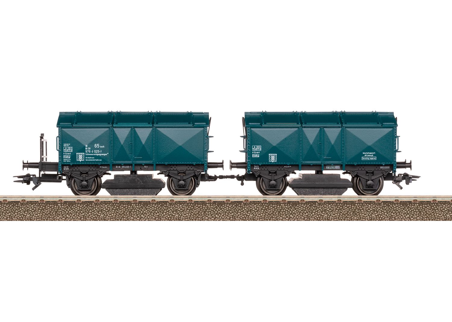 NUR für Clubmitglieder! Klappdeckelwagen-Paar Bauart 927, fest gekuppelt, eingesetzt als Bahndienstfahrzeug. Ozeanblaue Grundfarbgebung. Gestaltung der Epoche IV, um 1979.