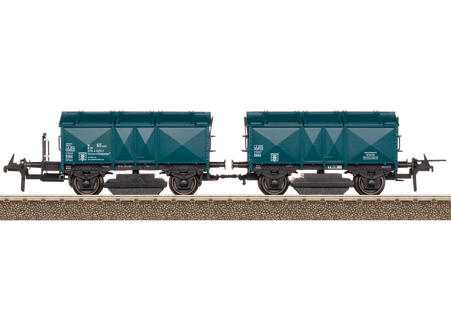 NUR für Clubmitglieder! Klappdeckelwagen-Paar Bauart 927, fest gekuppelt, eingesetzt als Bahndienstfahrzeug. Ozeanblaue Grundfarbgebung. Gestaltung der Epoche IV, um 1979