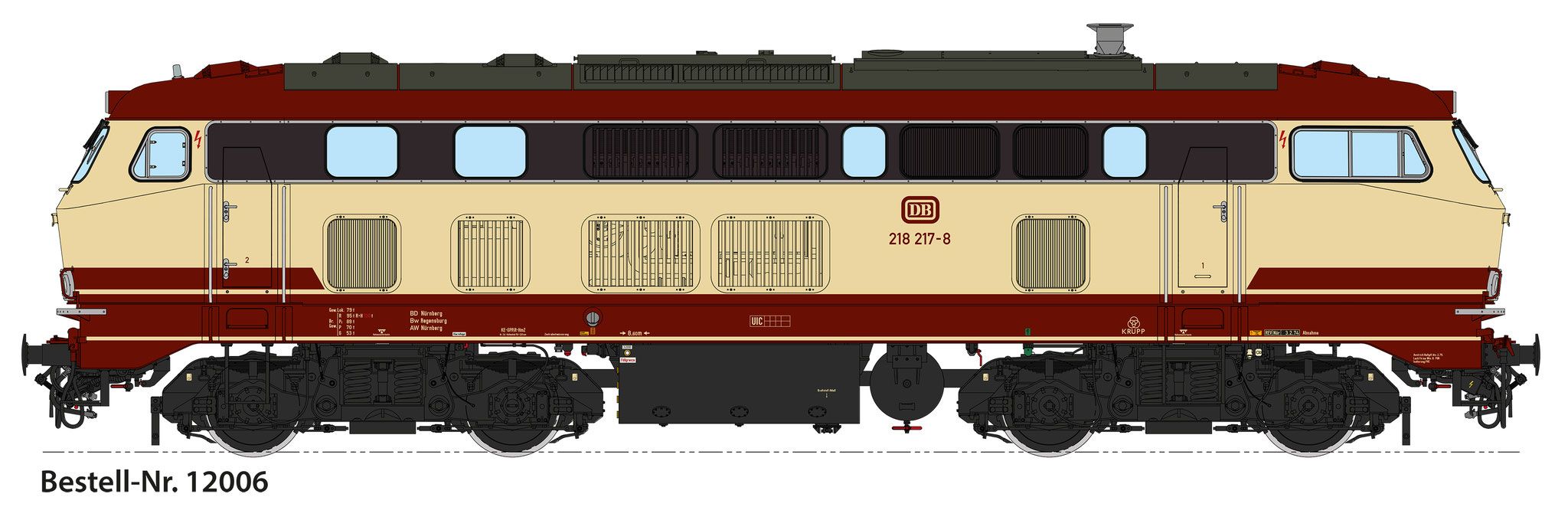 BD Nürnberg, Bw Regensburg, Krupp-Drehgestell, DB, elfenbein/purpurrot/schwarz, mit rechteckigen, V-förmig angeordneten Abgashutzen