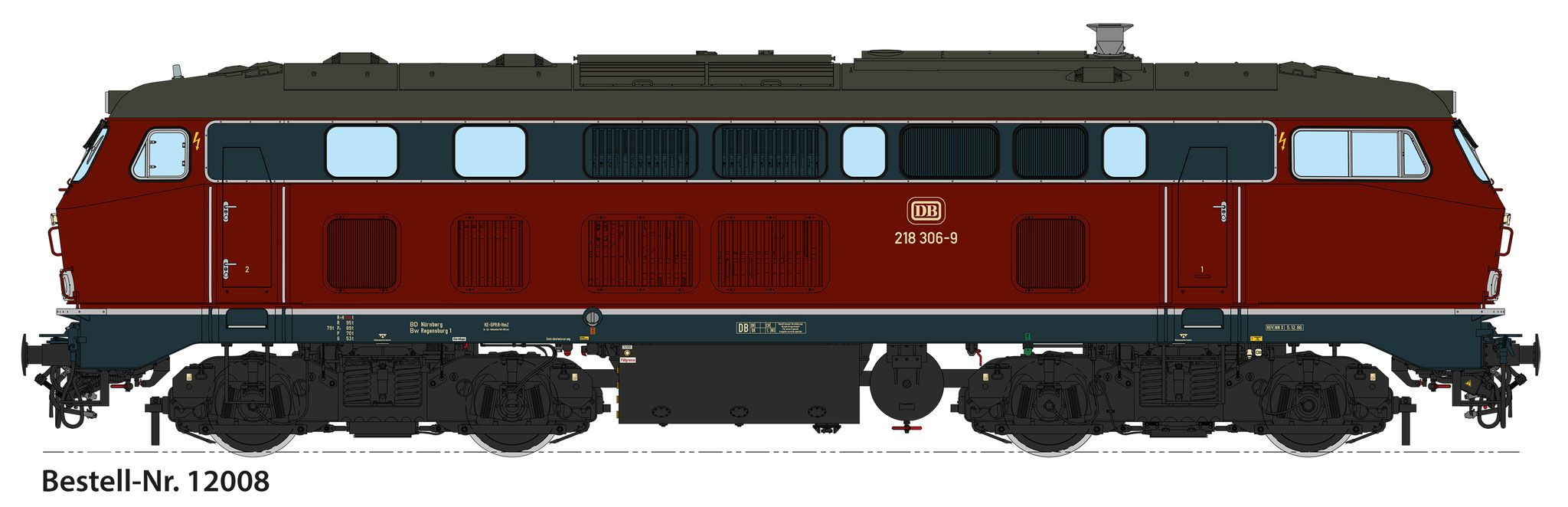 BD Nürnberg, Bw Regensburg	, MaK-Drehgestell, DB, purpurrot/schwarzgrau/schwarz, mit rechteckigen, V-förmig angeordneten Abgashutzen