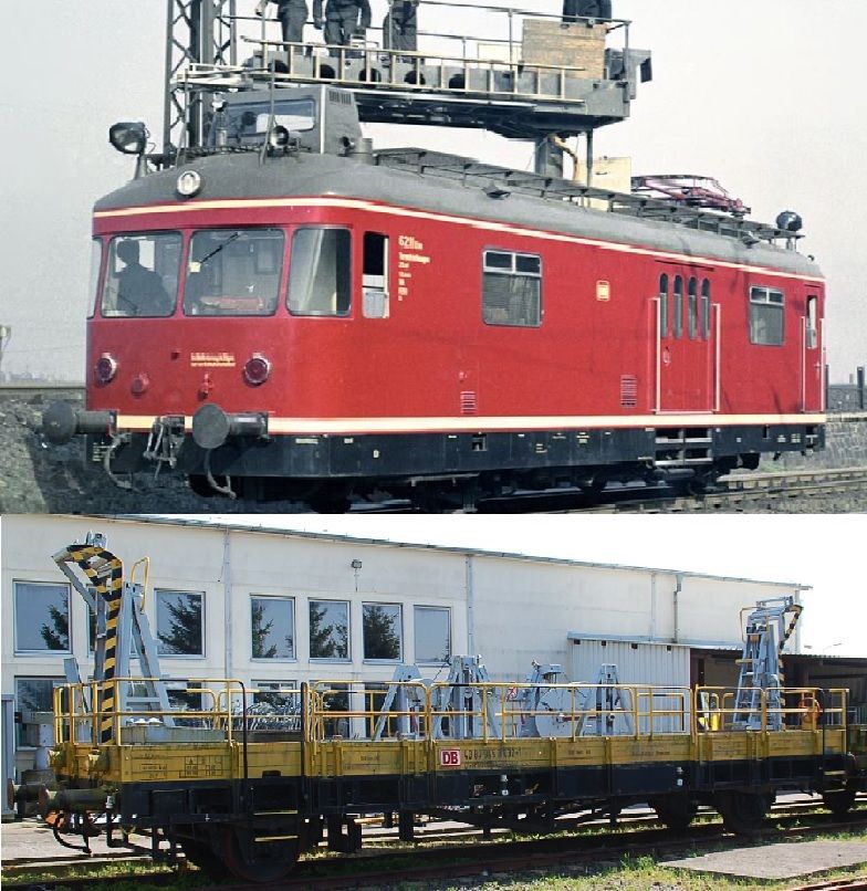 NEM-Räder, DB Epoche IVc, Aufbau rot, Zierstreifen weiß, Dach grau, Arbeitsbühne gelb, Scheren-Stromabnehmer DBS 54, Aufbau Oberleitungsbauwagen gelb, BD Karlsruhe/Bw Singen Htwl