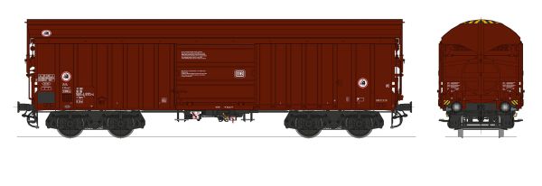 Drehgestelle der Bauart 664, Seitenwandtüren nicht zu öffnen,Beschriftung "Ladegut/Merce Tonerde Argille", mit neuem DB-Logo, Fahrgestell und Drehgestelle RAL 8019 graubraun, Aufpreis für Finescale/PUR: 50,00 €